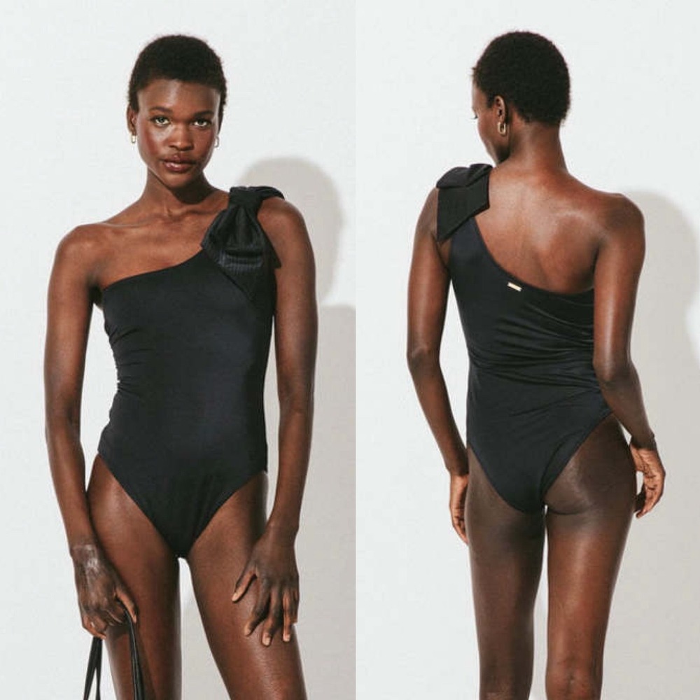 Cleobella Inga One Piece Swimsuit Black Large One Shoulder Bow Luxury Swimwear